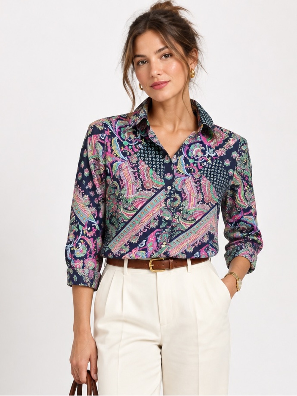 Lauren Ralph Lauren Navy Paisley Non-Iron Cotton Shirt M
